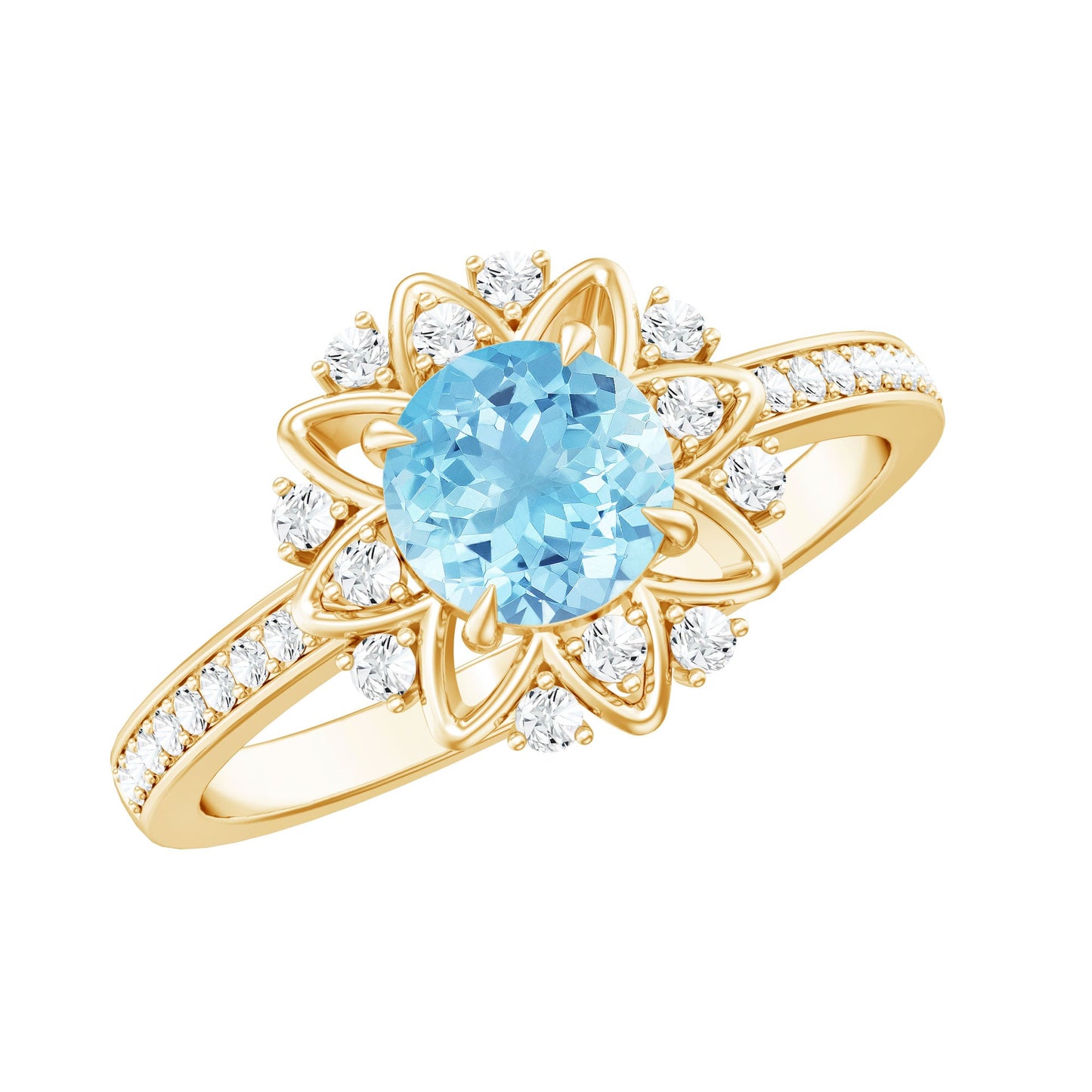 Genuine 0.8 Aquamarine Floral Engagement Ring with Diamond Side Stones