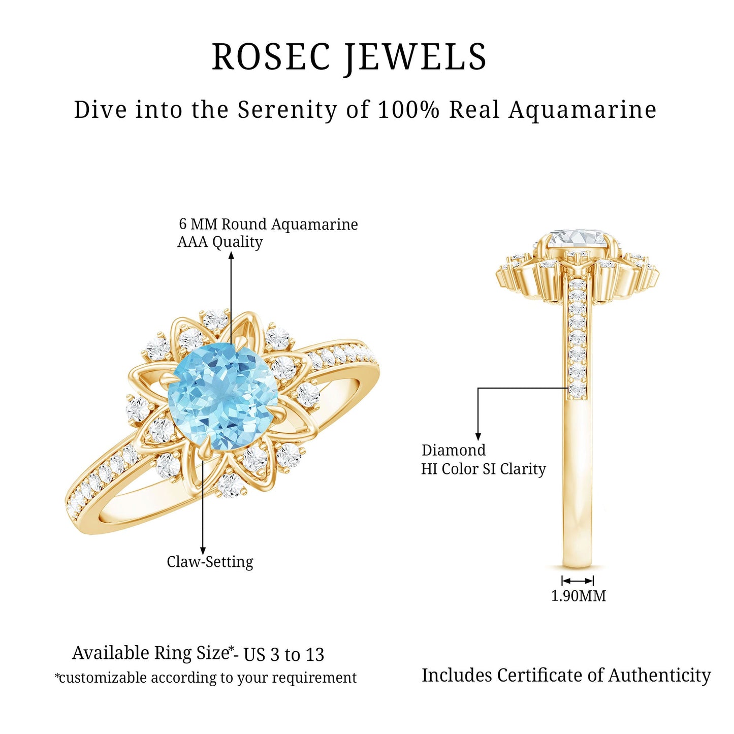 Genuine 0.8 Aquamarine Floral Engagement Ring with Diamond Side Stones