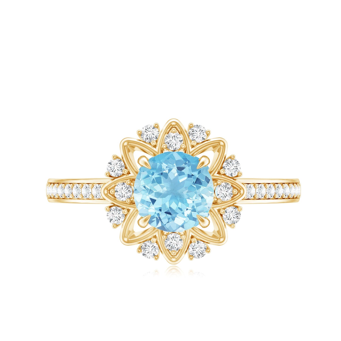 Genuine 0.8 Aquamarine Floral Engagement Ring with Diamond Side Stones