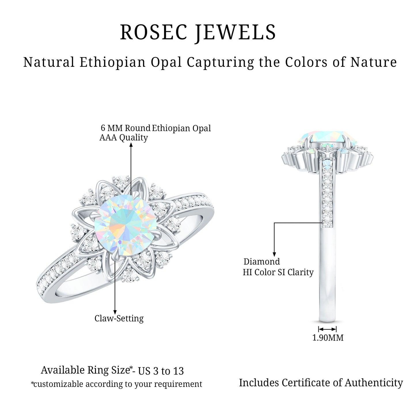 Genuine Ethiopian Opal Flower Engagement Ring with Diamond