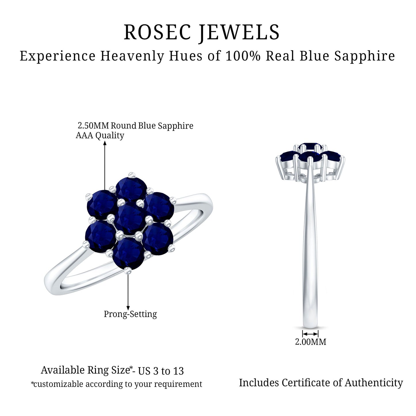 Certified Round Shape Blue Sapphire Cluster Flower Ring