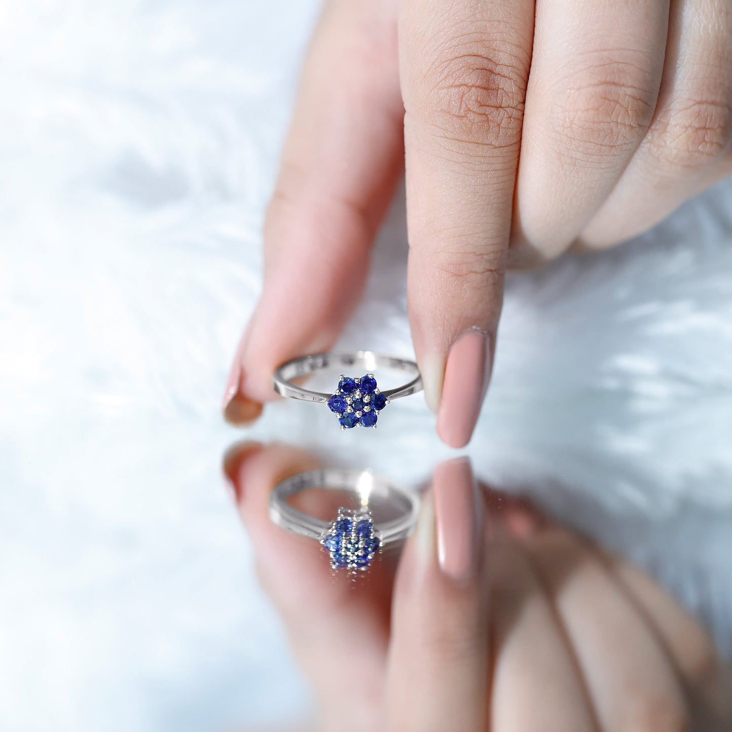 Certified Round Shape Blue Sapphire Cluster Flower Ring