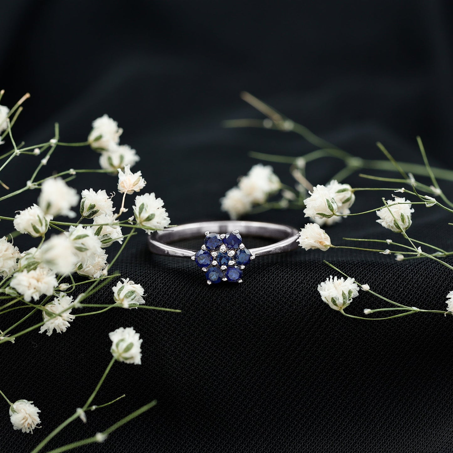 Certified Round Shape Blue Sapphire Cluster Flower Ring