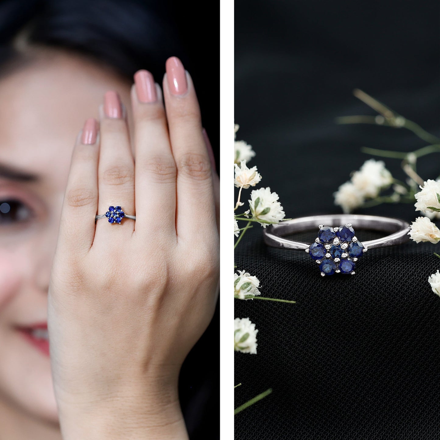 Certified Round Shape Blue Sapphire Cluster Flower Ring