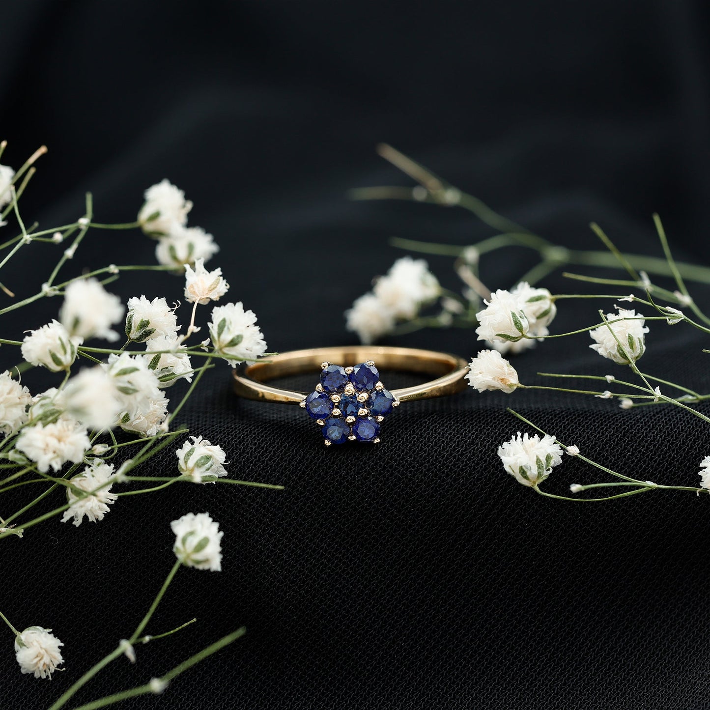Certified Round Shape Blue Sapphire Cluster Flower Ring