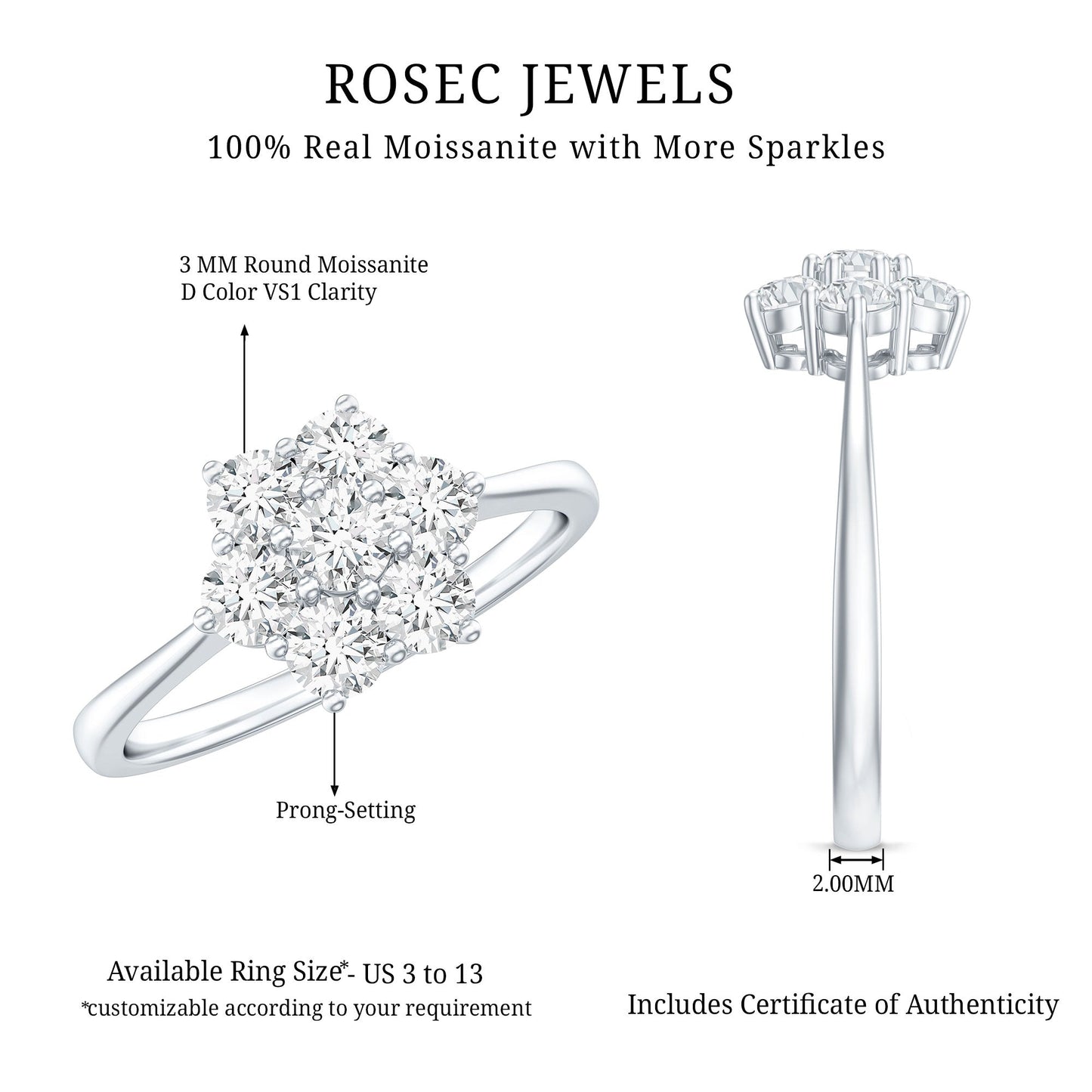 Round Shape Moissanite Cluster Flower Engagement Ring