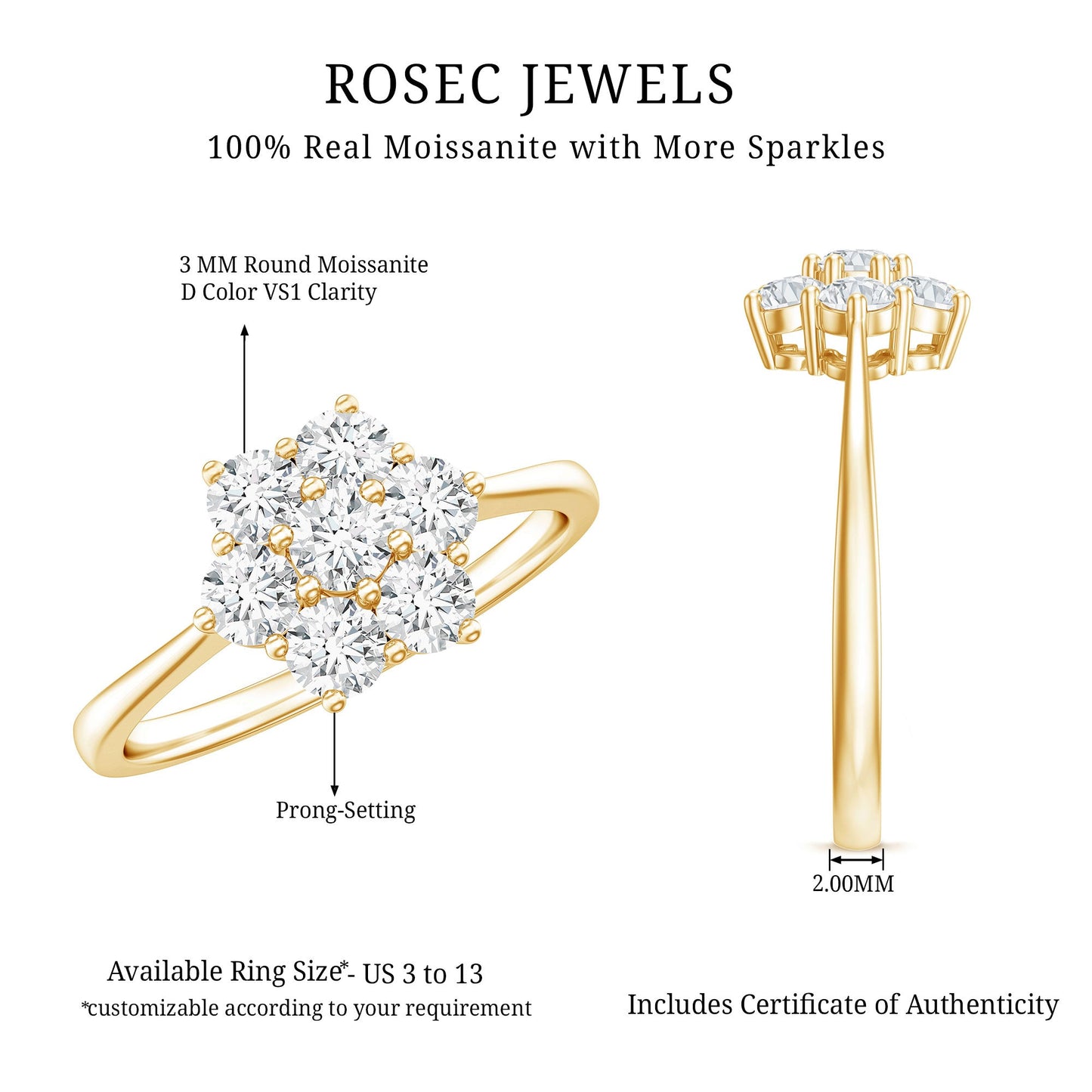 Round Shape Moissanite Cluster Flower Engagement Ring