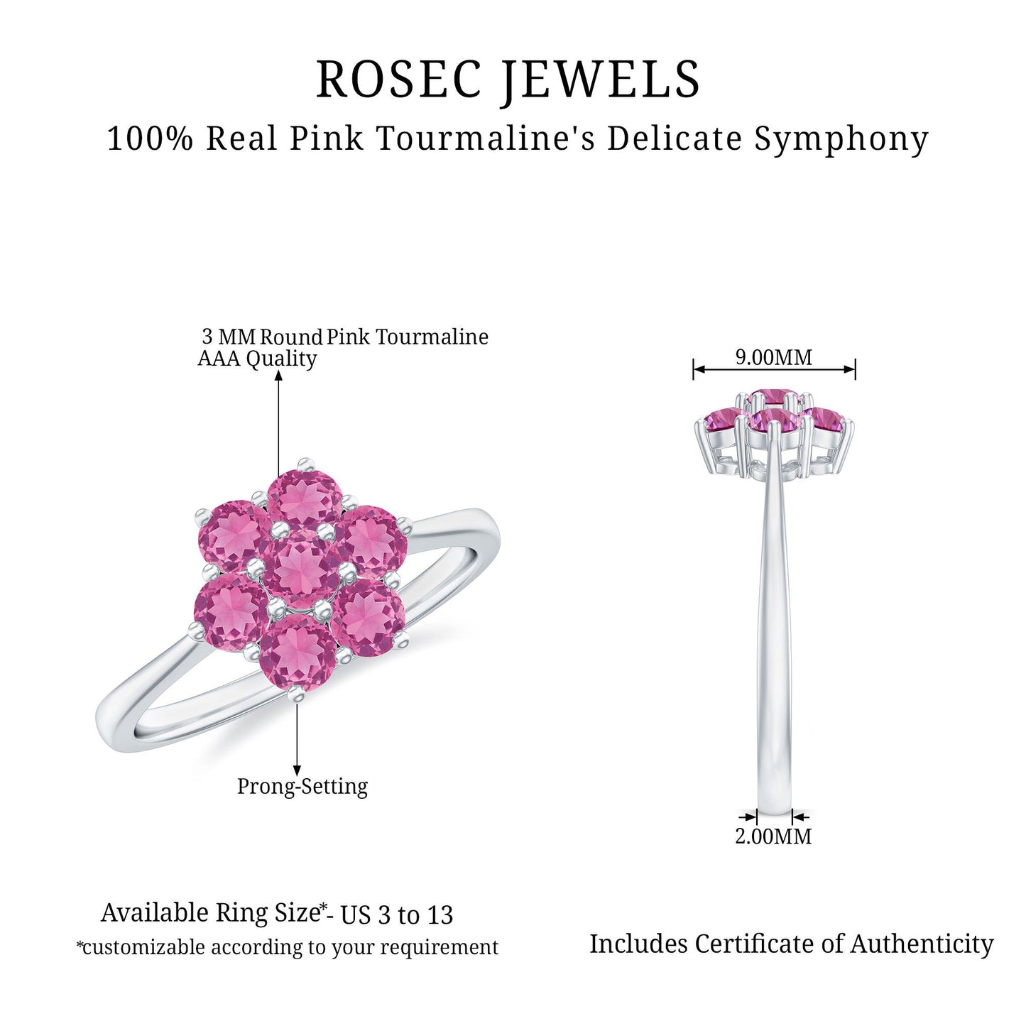 Round Shape Pink Tourmaline Flower Engagement Ring