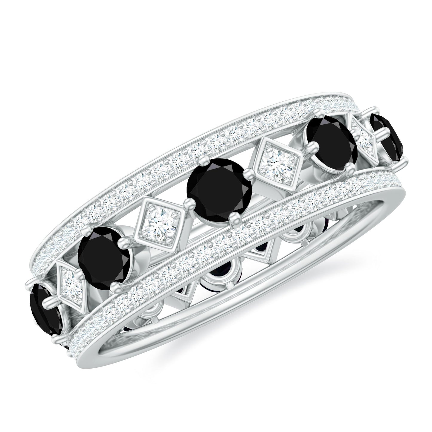 Antique Looking Black Onyx and Moissanite Wide Wedding Band