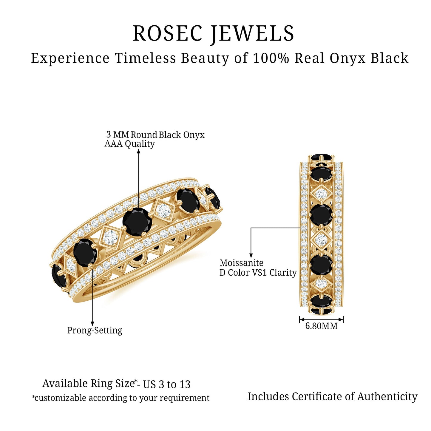 Antique Looking Black Onyx and Moissanite Wide Wedding Band