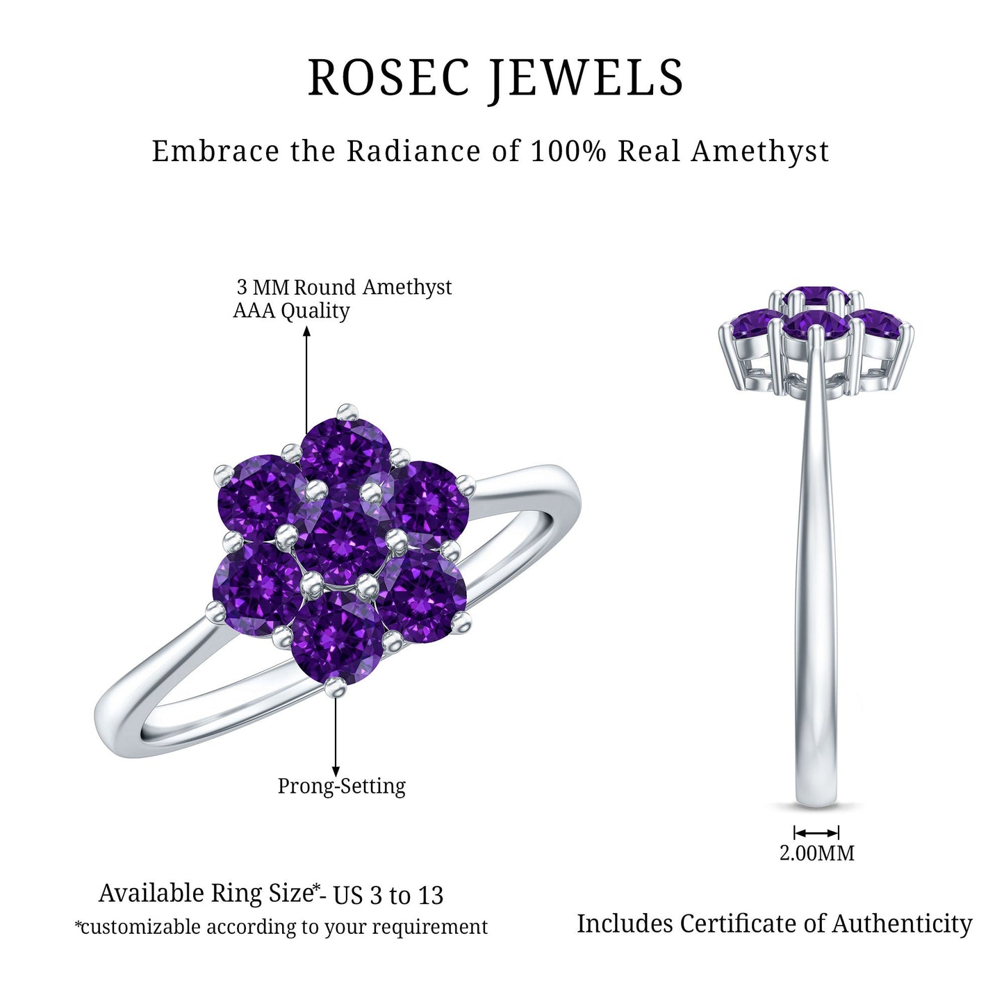 Round Shape Amethyst Cluster Flower Ring for Women