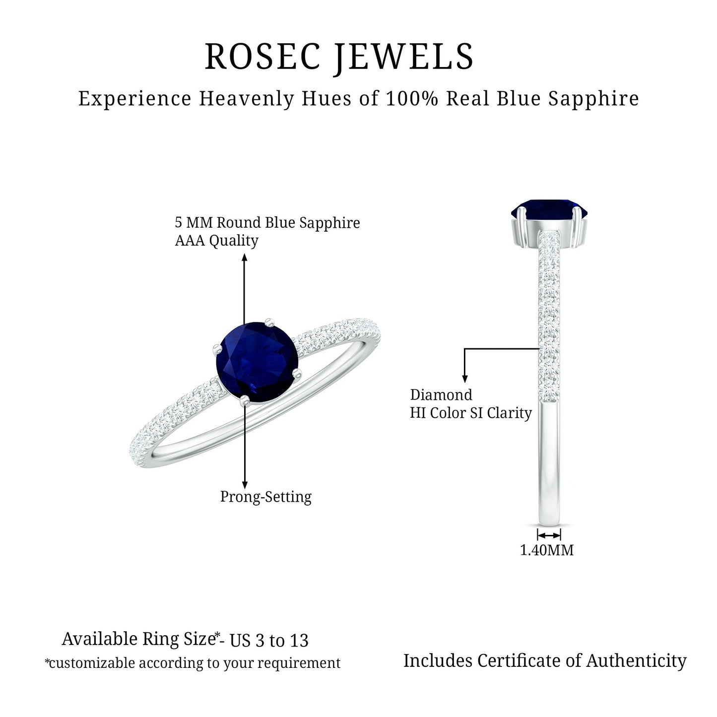 0.95 Carat Round Blue Sapphire Solitaire Ring with Diamond Side Stones
