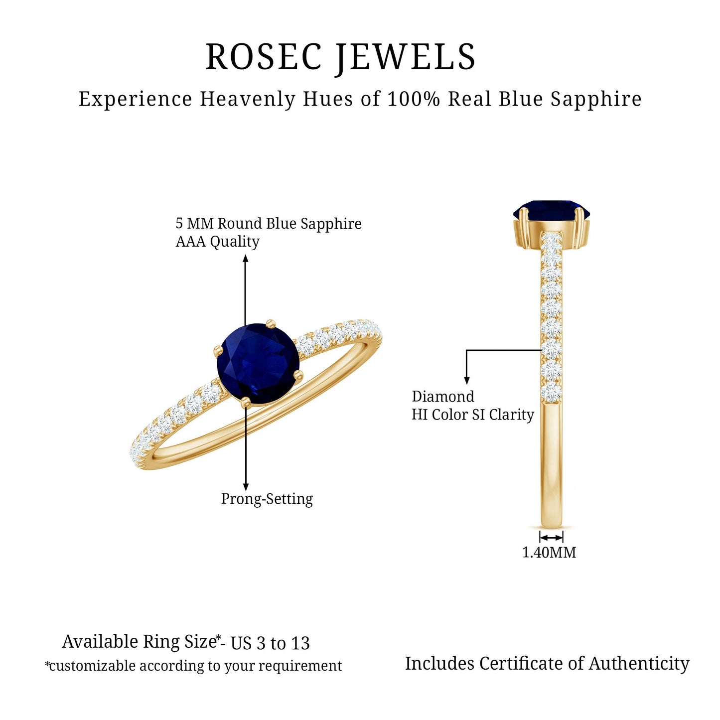0.95 Carat Round Blue Sapphire Solitaire Ring with Diamond Side Stones
