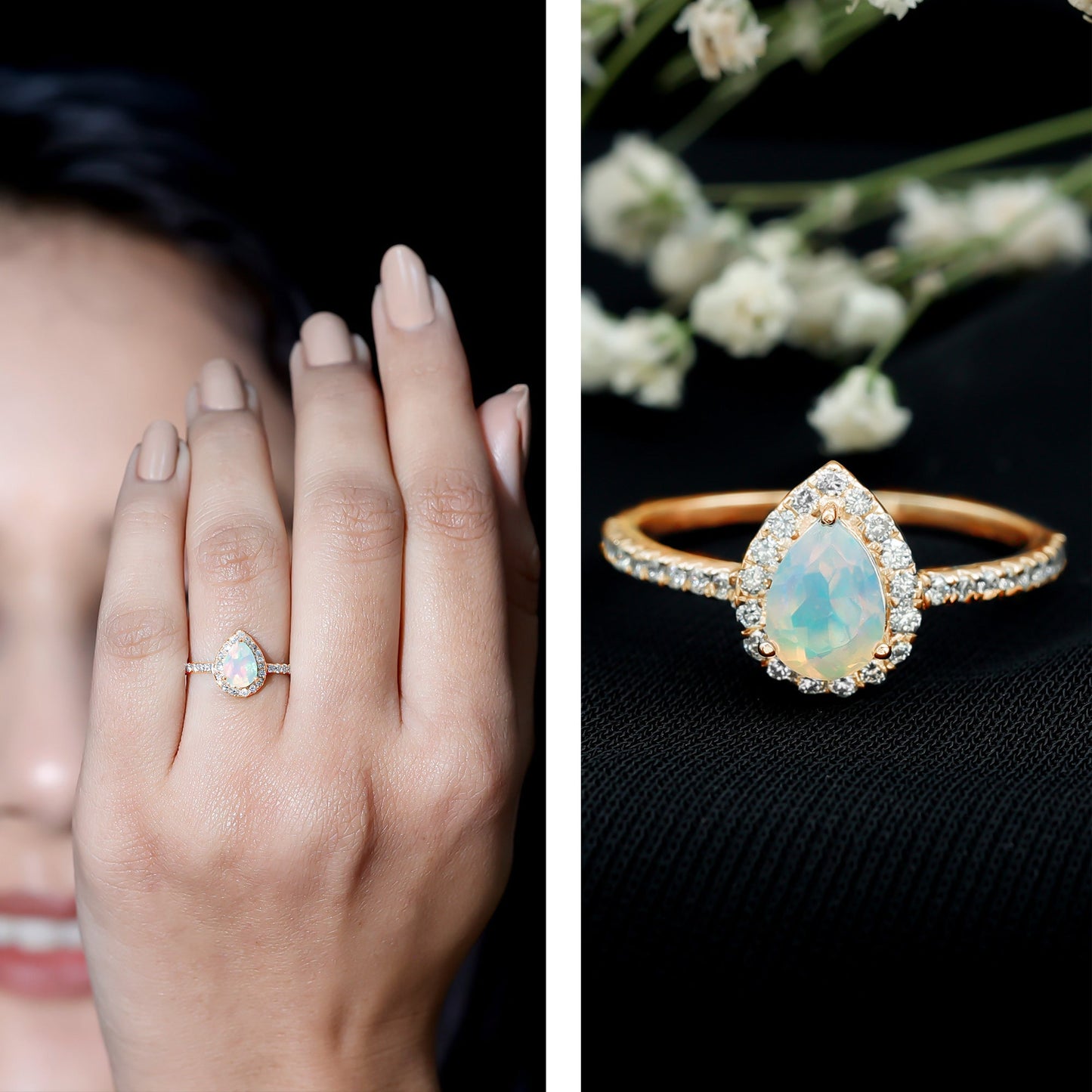 0.7 Carat Natural Ethiopian Opal Teardrop Engagement Ring with Diamond Halo