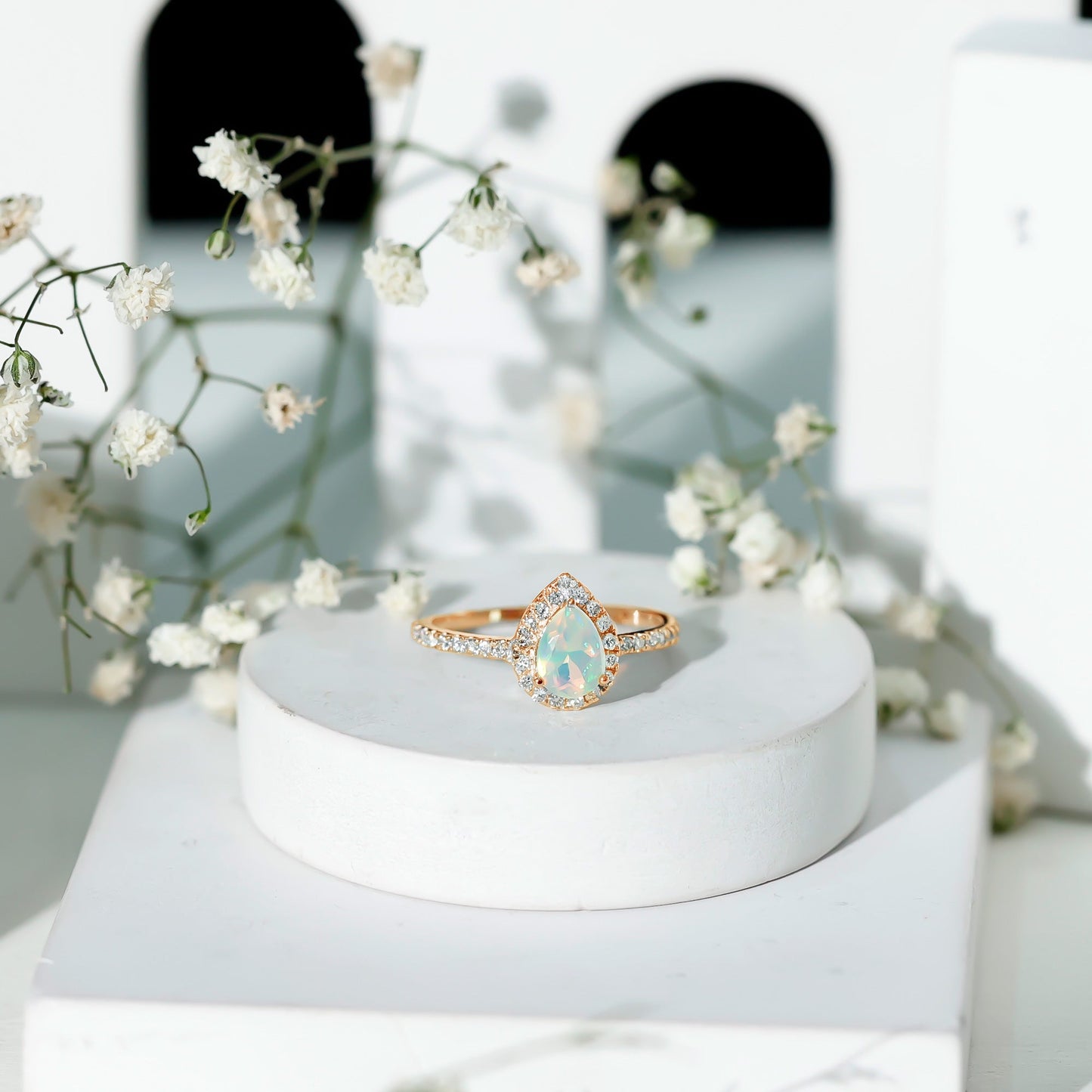 0.7 Carat Natural Ethiopian Opal Teardrop Engagement Ring with Diamond Halo