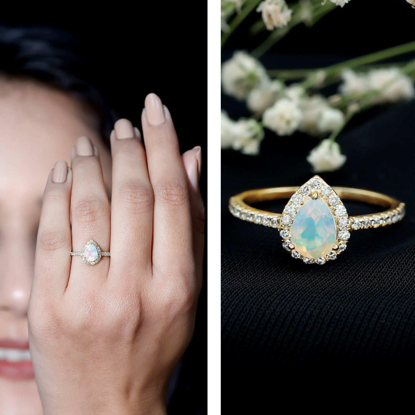 0.7 Carat Natural Ethiopian Opal Teardrop Engagement Ring with Diamond Halo