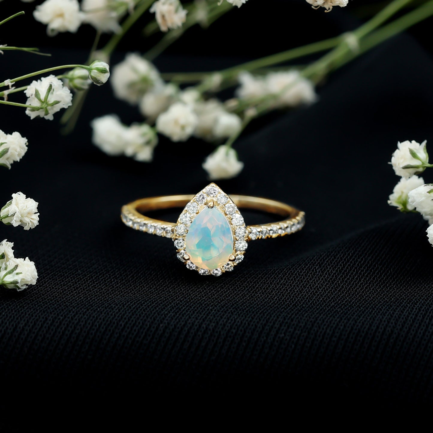 0.7 Carat Natural Ethiopian Opal Teardrop Engagement Ring with Diamond Halo