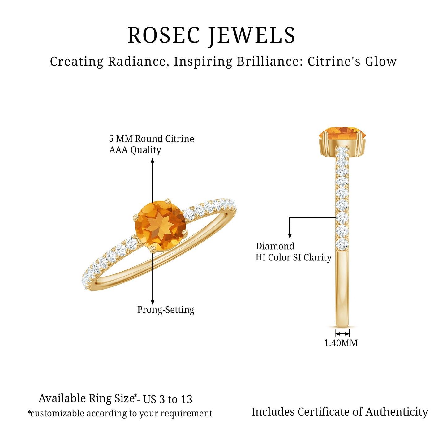 Natural Solitaire Citrine Minimal Engagement Ring with Diamond