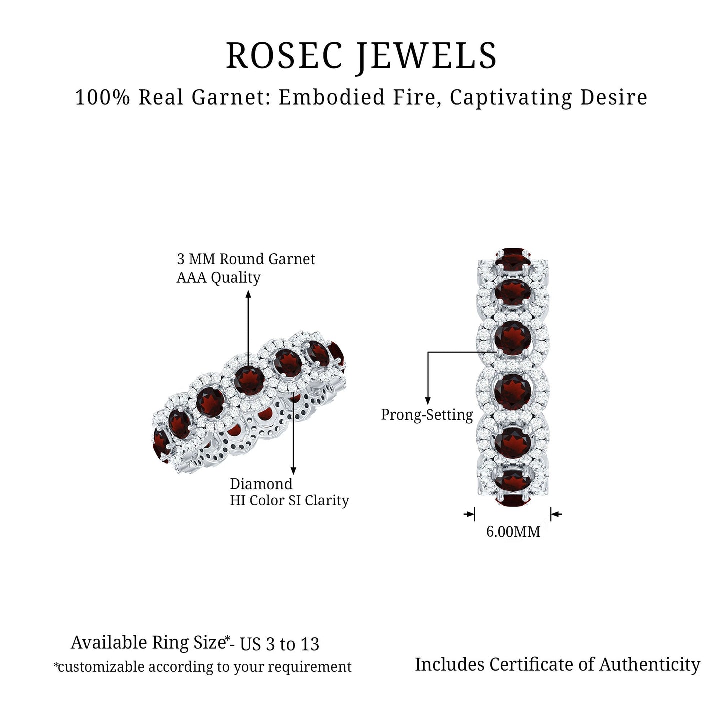Genuine Garnet Eternity Wedding Band with Moissanite