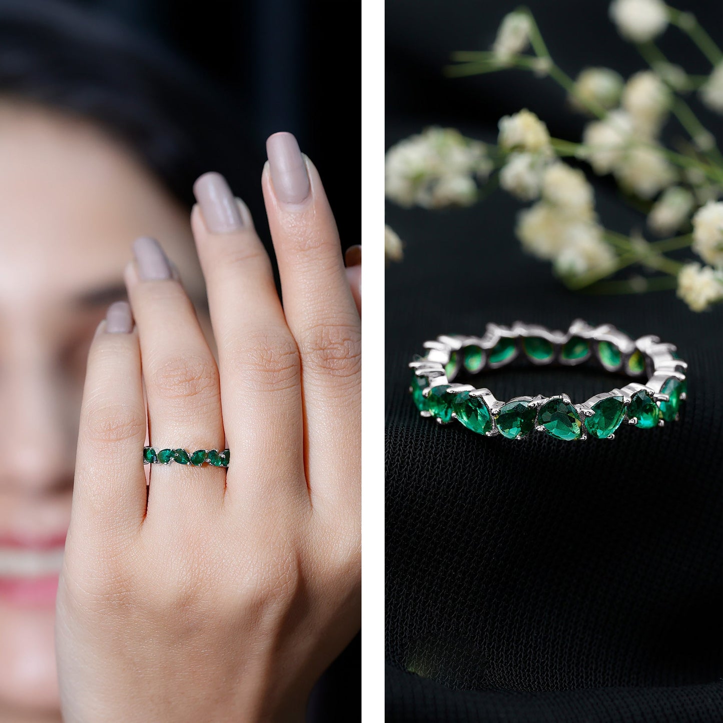 Pear Cut Lab Grown Emerald Full Eternity Band Ring
