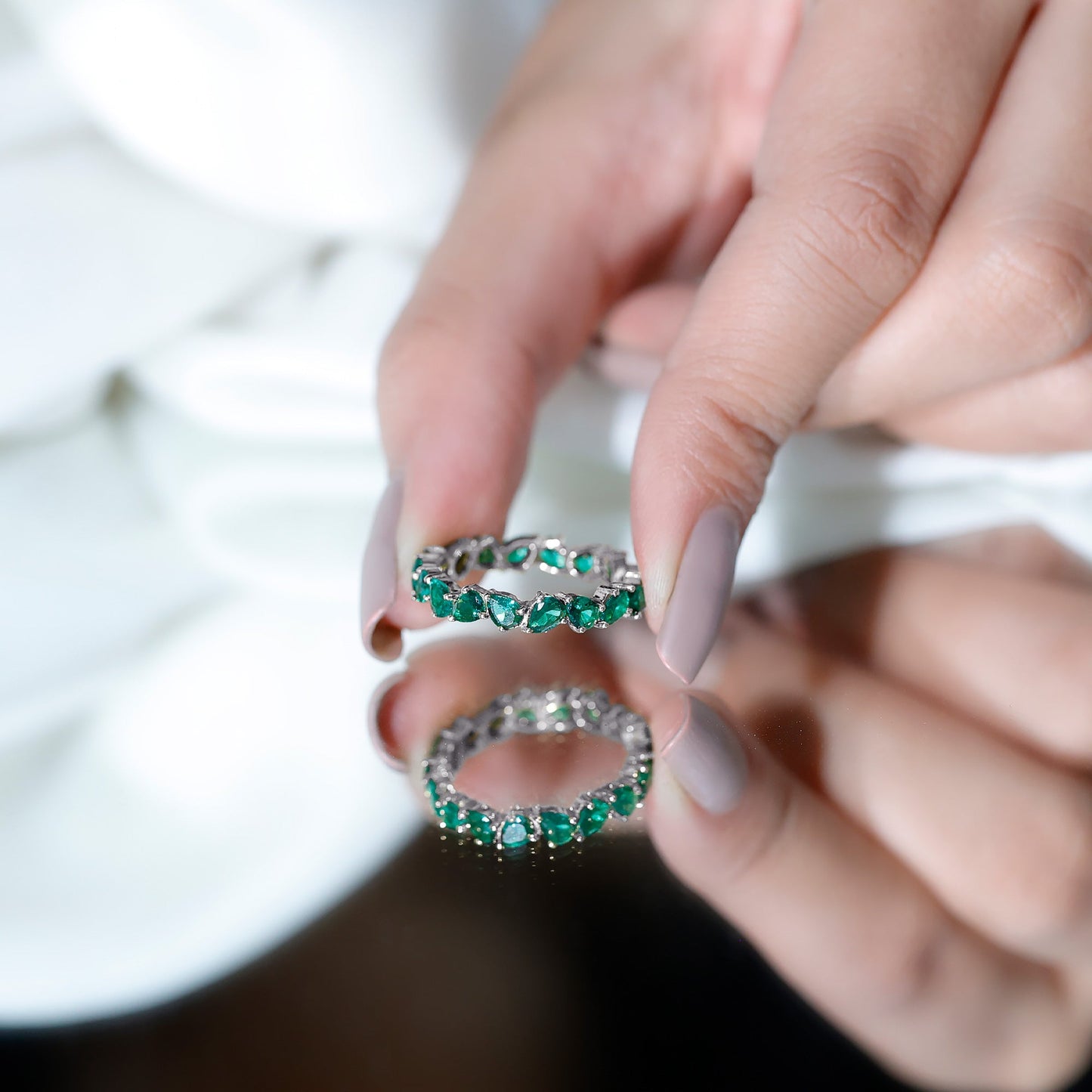 Pear Cut Lab Grown Emerald Full Eternity Band Ring