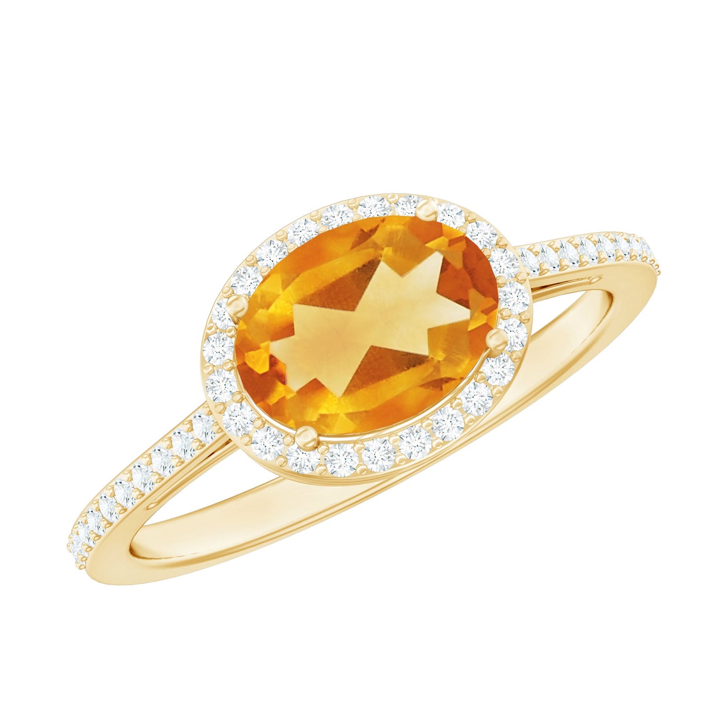 Certified Real 1 Carat Oval Citrine East West Engagement Ring with Diamond Halo