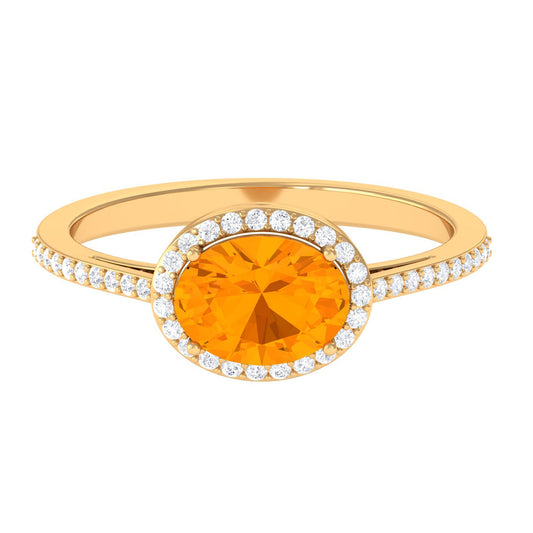 Oval Cut Fire Opal East West Engagement Ring with Diamond Halo