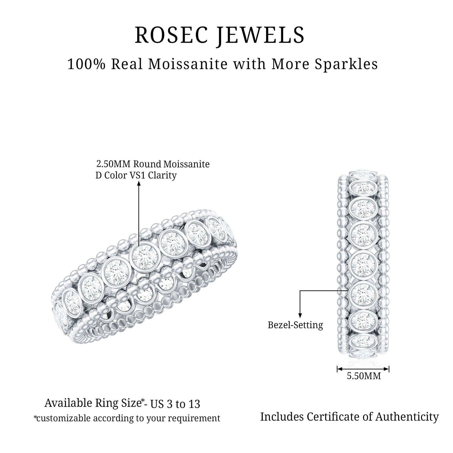 Bezel Set Moissanite Full Eternity Wedding Band with Beaded Detail