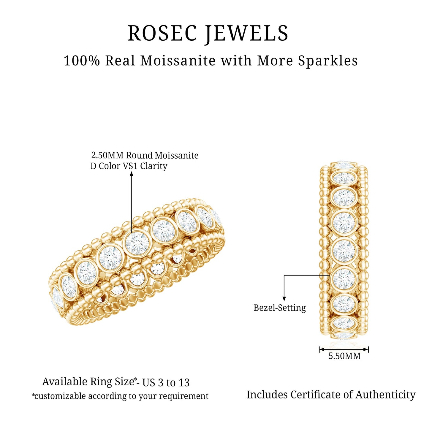 Bezel Set Moissanite Full Eternity Wedding Band with Beaded Detail