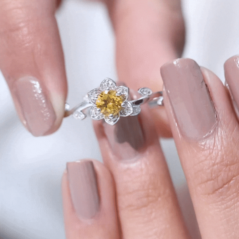 Natural Citrine Flower Engagement Ring with Diamond