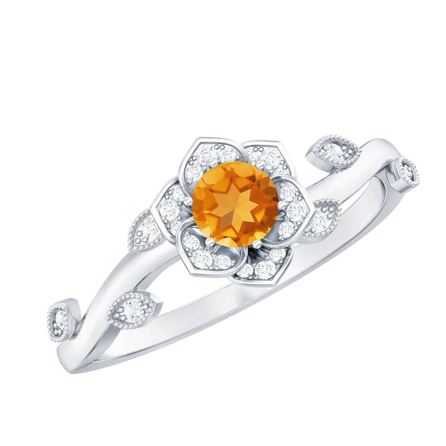 Natural Citrine Flower Engagement Ring with Diamond