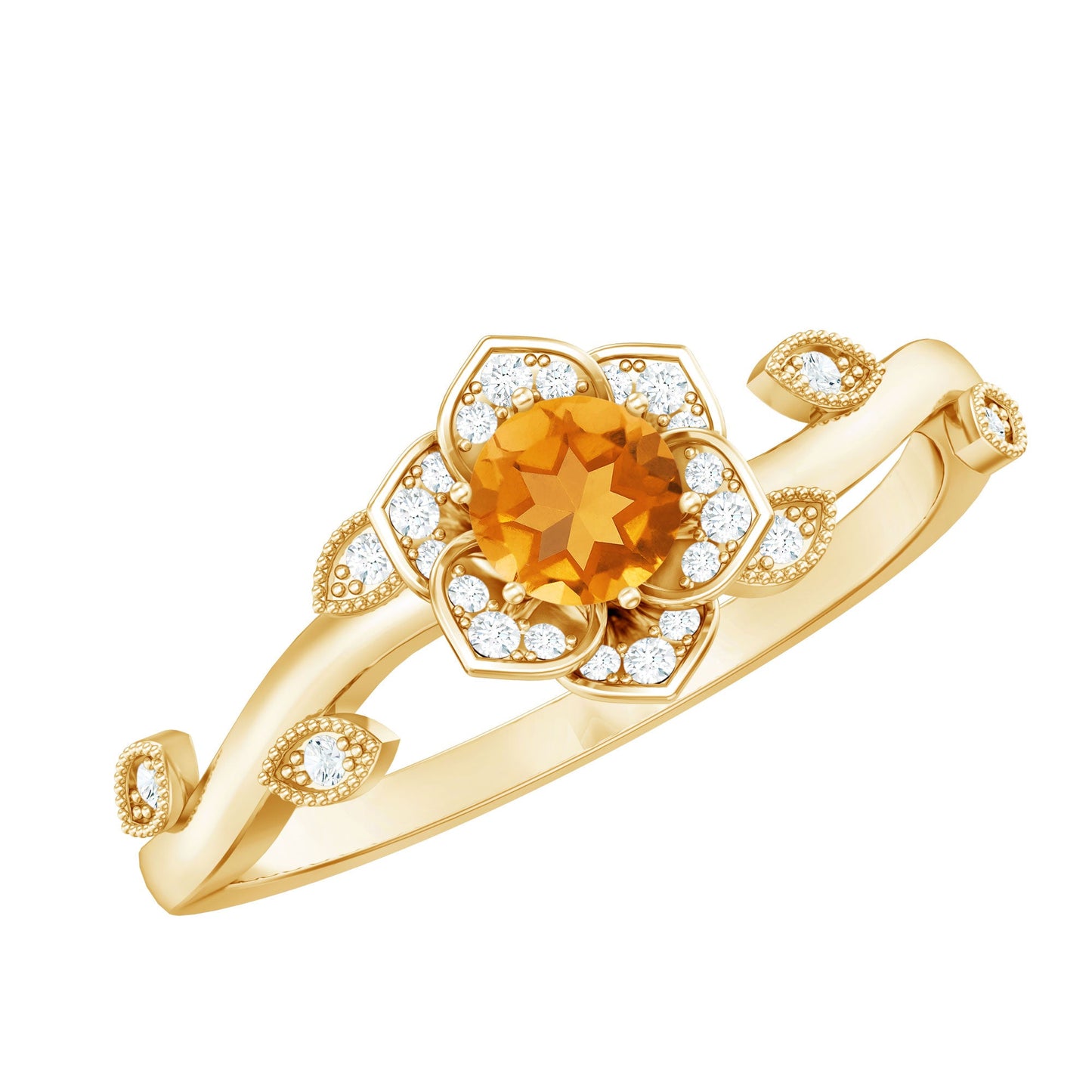 Natural Citrine Flower Engagement Ring with Diamond