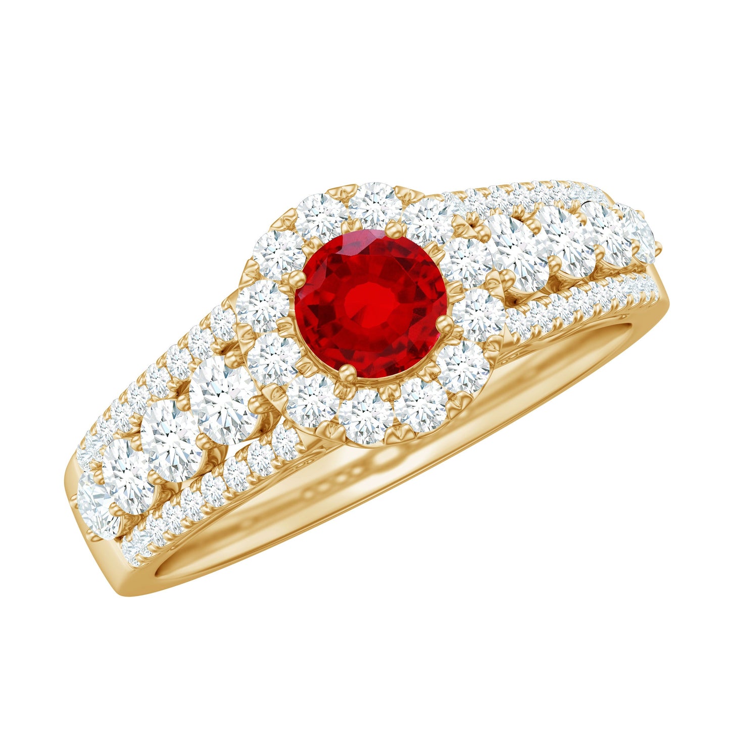 Lab Created Ruby Side Stone Engagement Ring with Moissanite