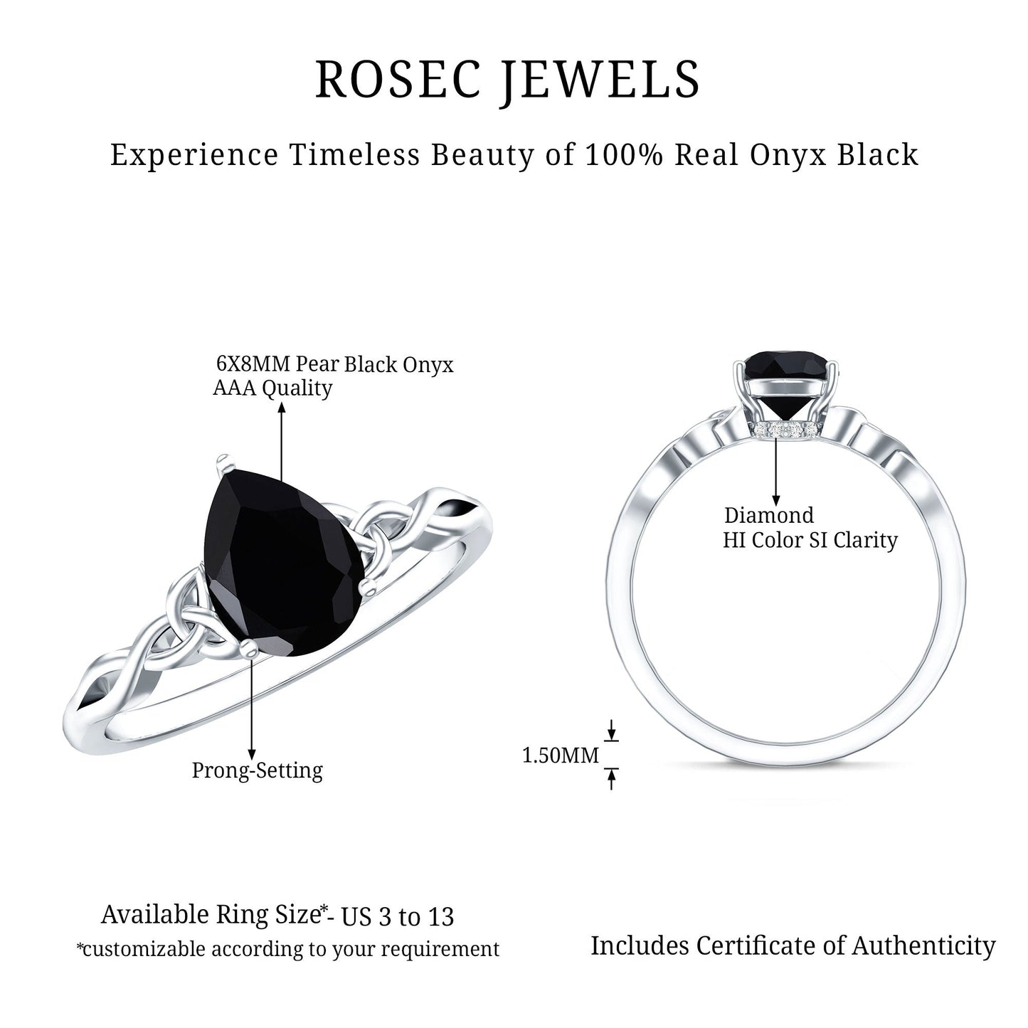 Solitaire Pear Cut Black Onyx Engagement Ring with Celtic Band
