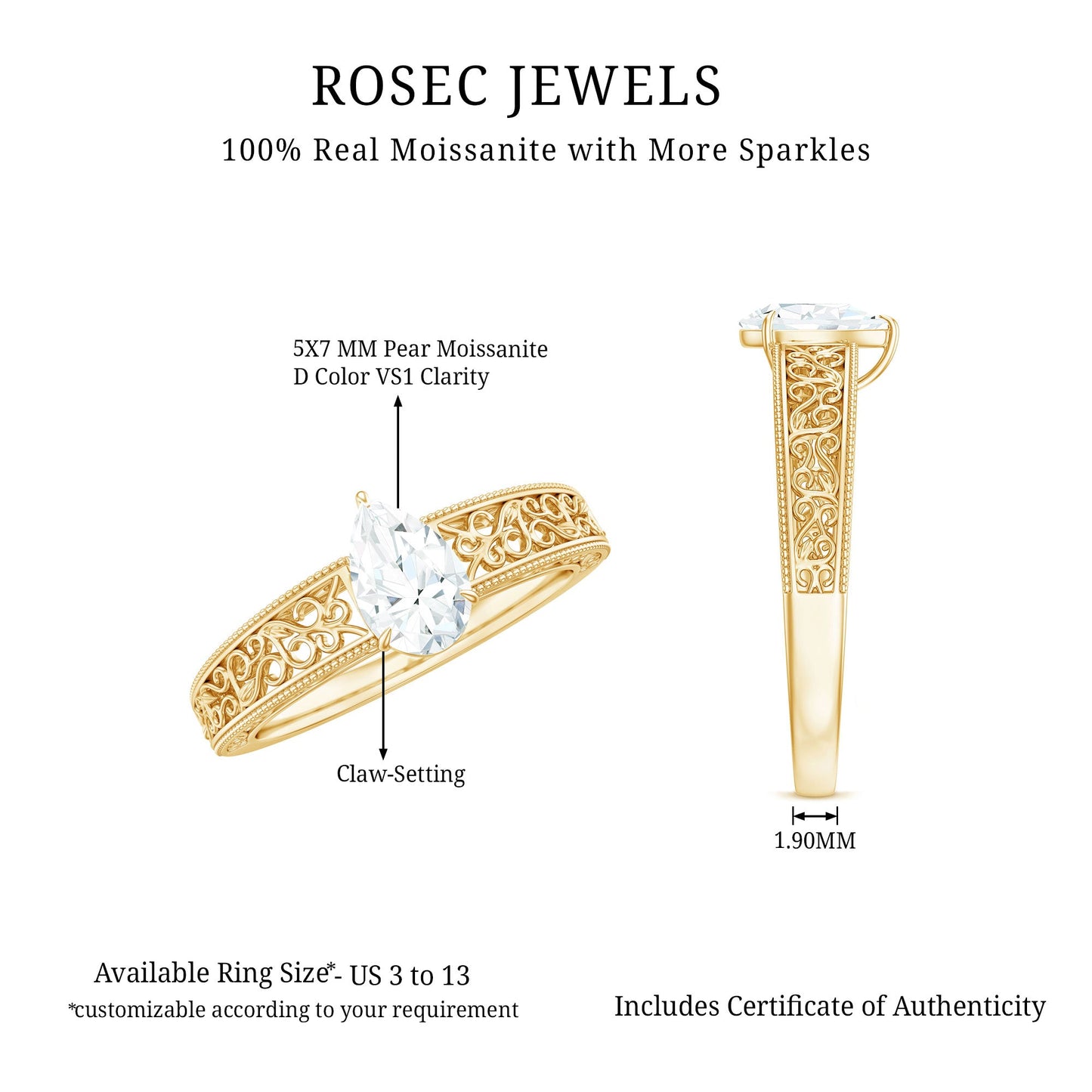 Pear Shaped Solitaire Moissanite Filigree Engagement Ring