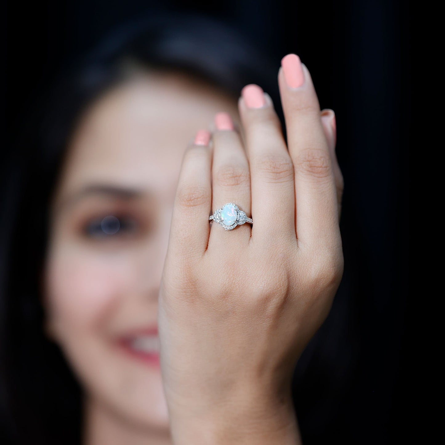 Vintage Inspired Opalescent Oval Engagement Ring with Real Diamond