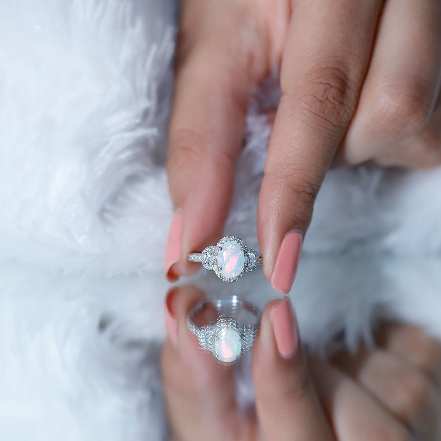 Vintage Inspired Opalescent Oval Engagement Ring with Real Diamond