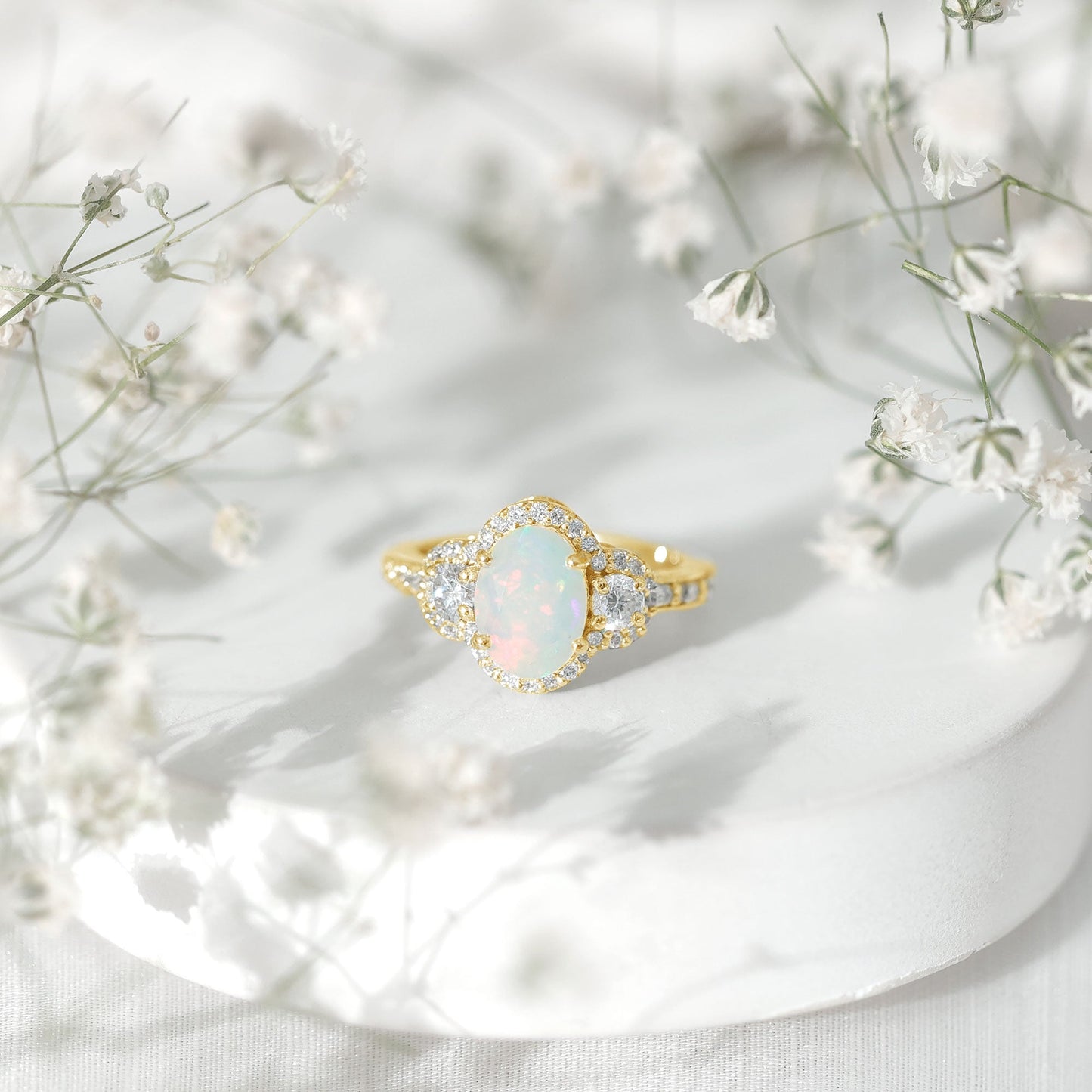 Vintage Inspired Opalescent Oval Engagement Ring with Real Diamond