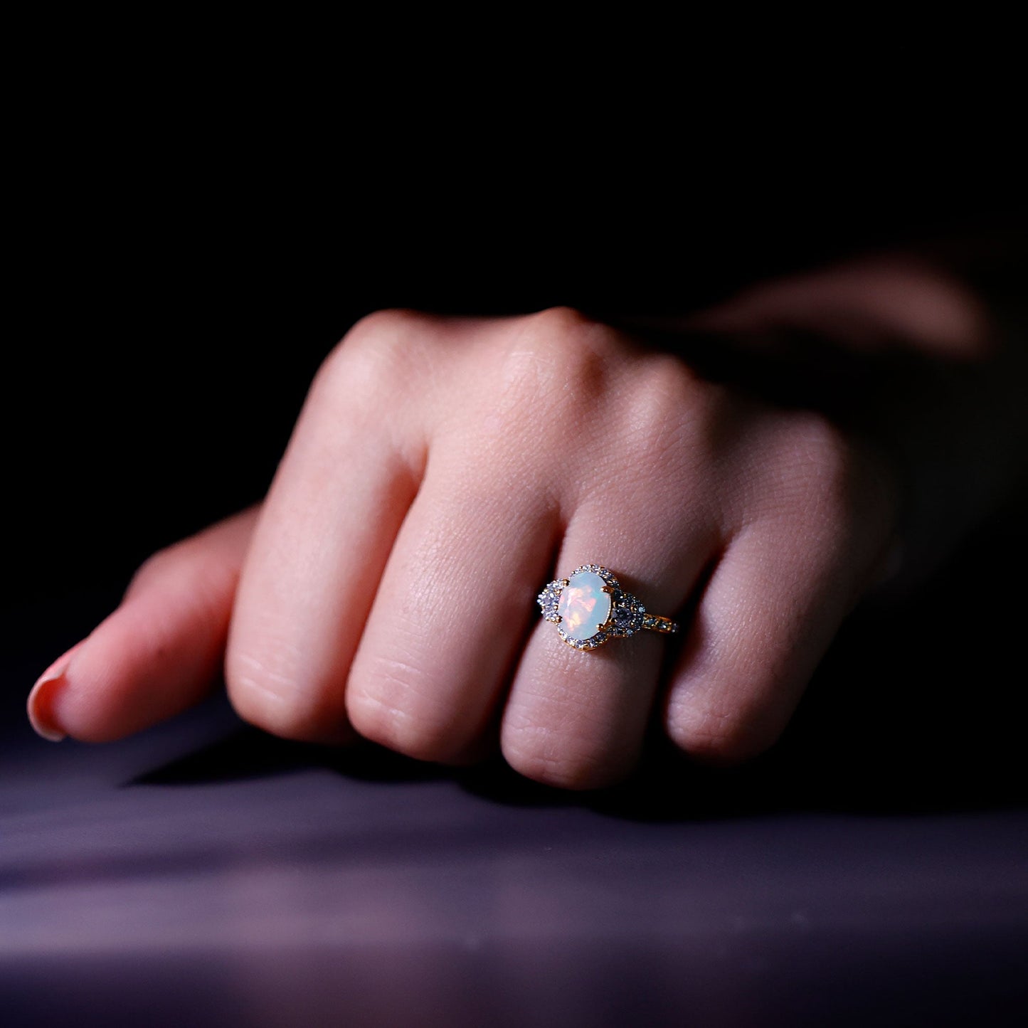 Vintage Inspired Opalescent Oval Engagement Ring with Real Diamond