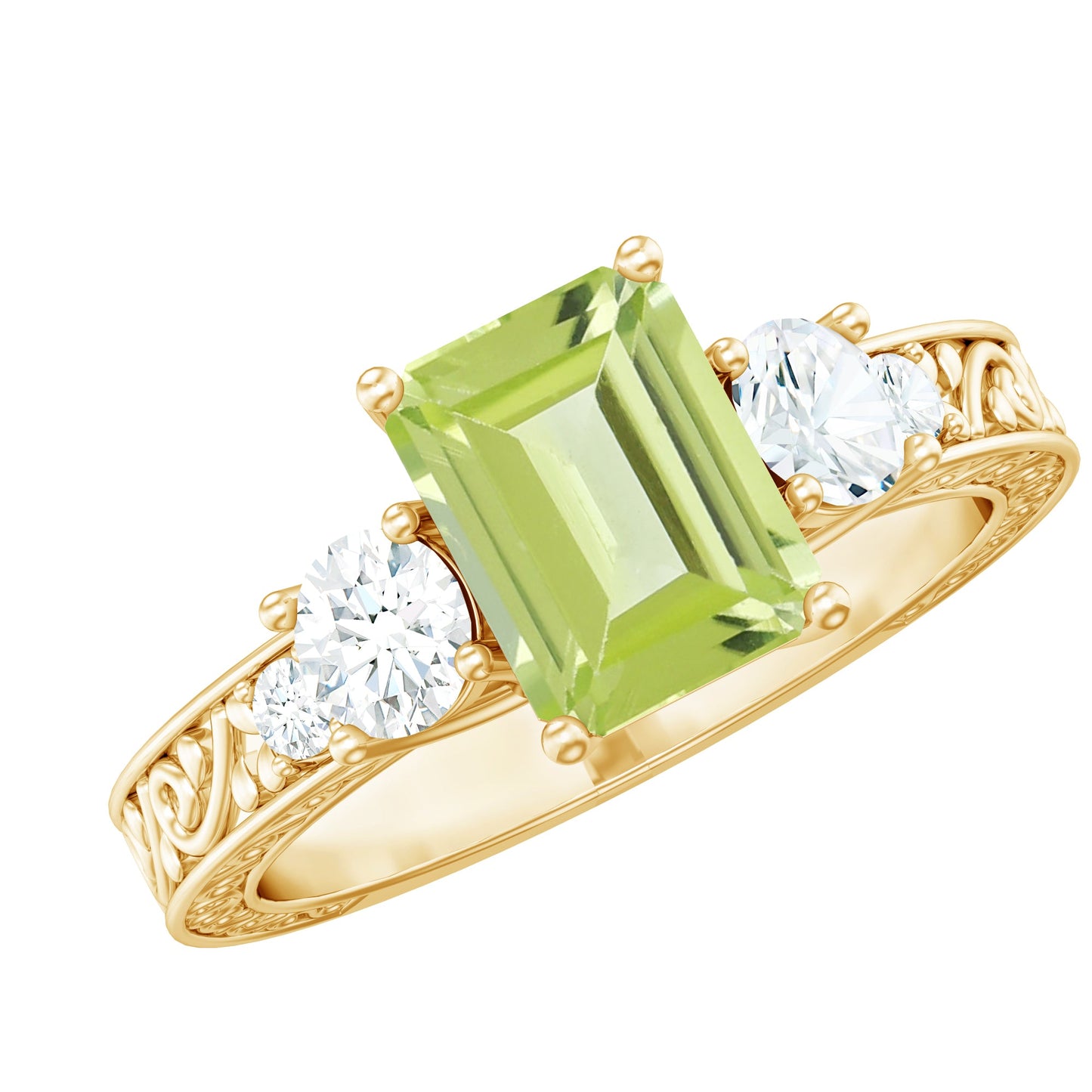 Vintage Style 1.8 Carat Peridot Emerald Cut Engagement Ring with Moissanite