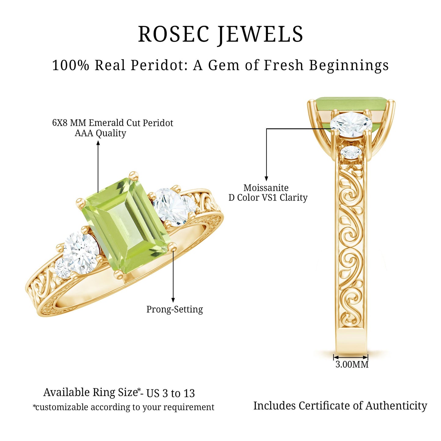 Vintage Style 1.8 Carat Peridot Emerald Cut Engagement Ring with Moissanite
