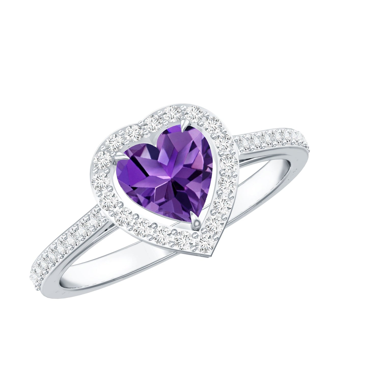Natural 0.9 Carat Amethyst Heart Engagement Ring with Diamond Halo