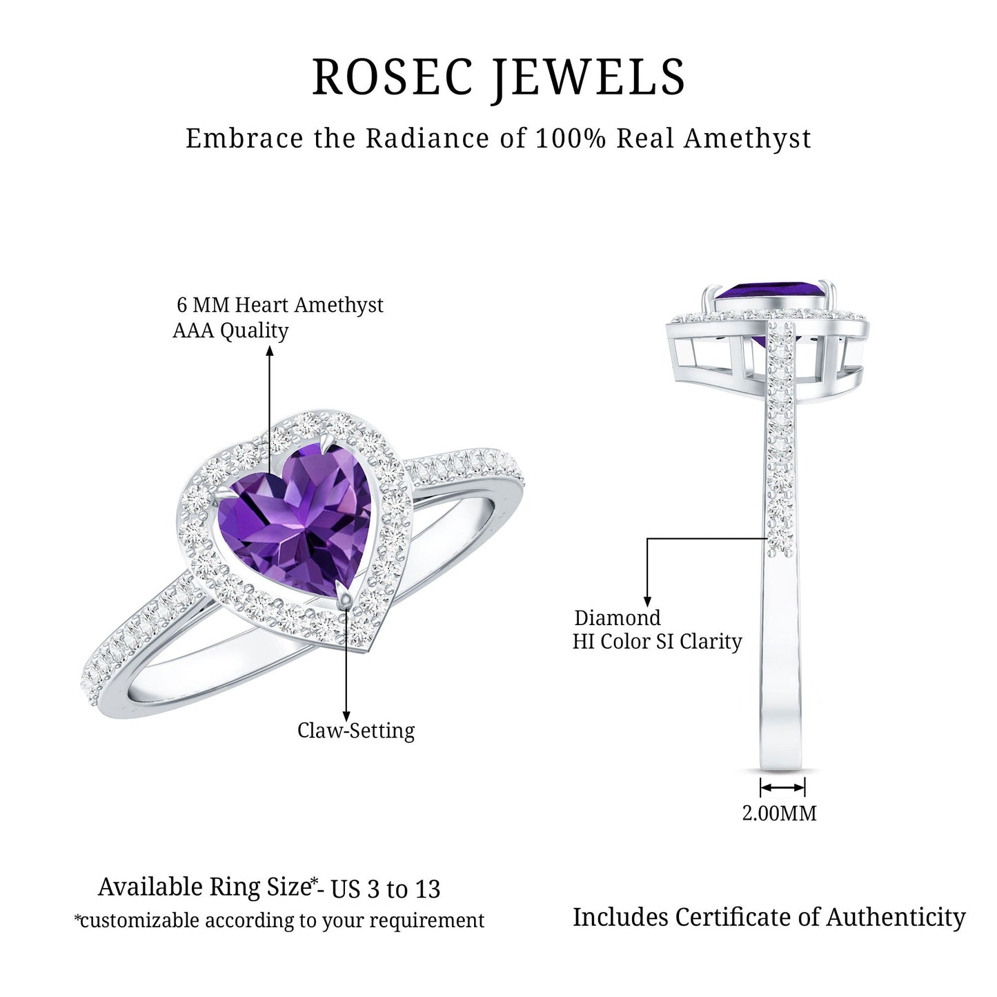 Natural 0.9 Carat Amethyst Heart Engagement Ring with Diamond Halo