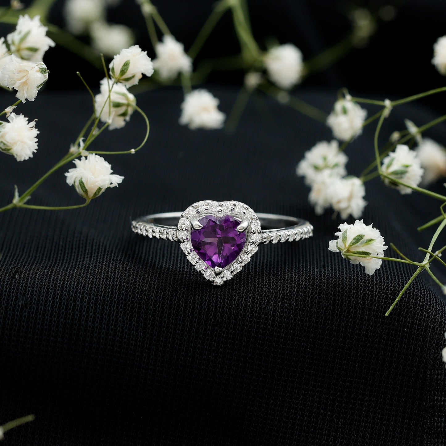 Natural 0.9 Carat Amethyst Heart Engagement Ring with Diamond Halo