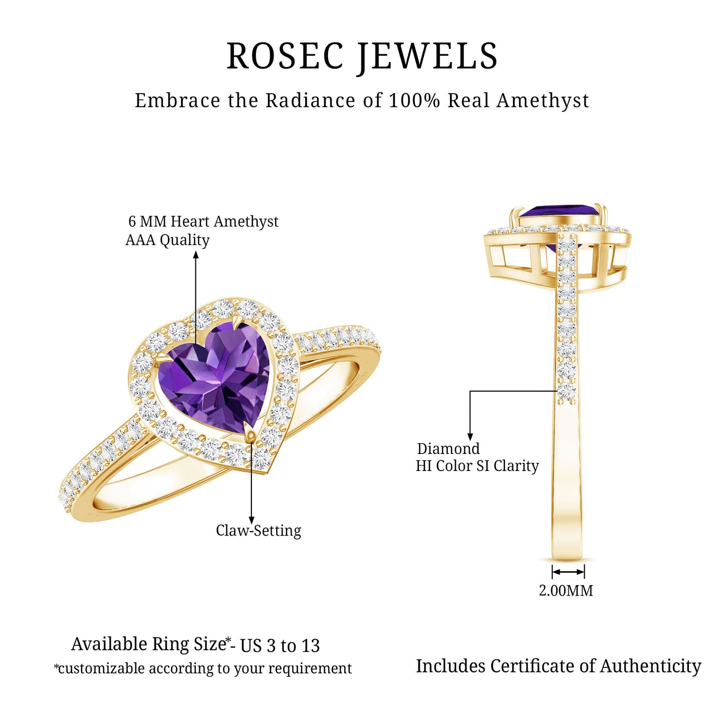 Natural 0.9 Carat Amethyst Heart Engagement Ring with Diamond Halo