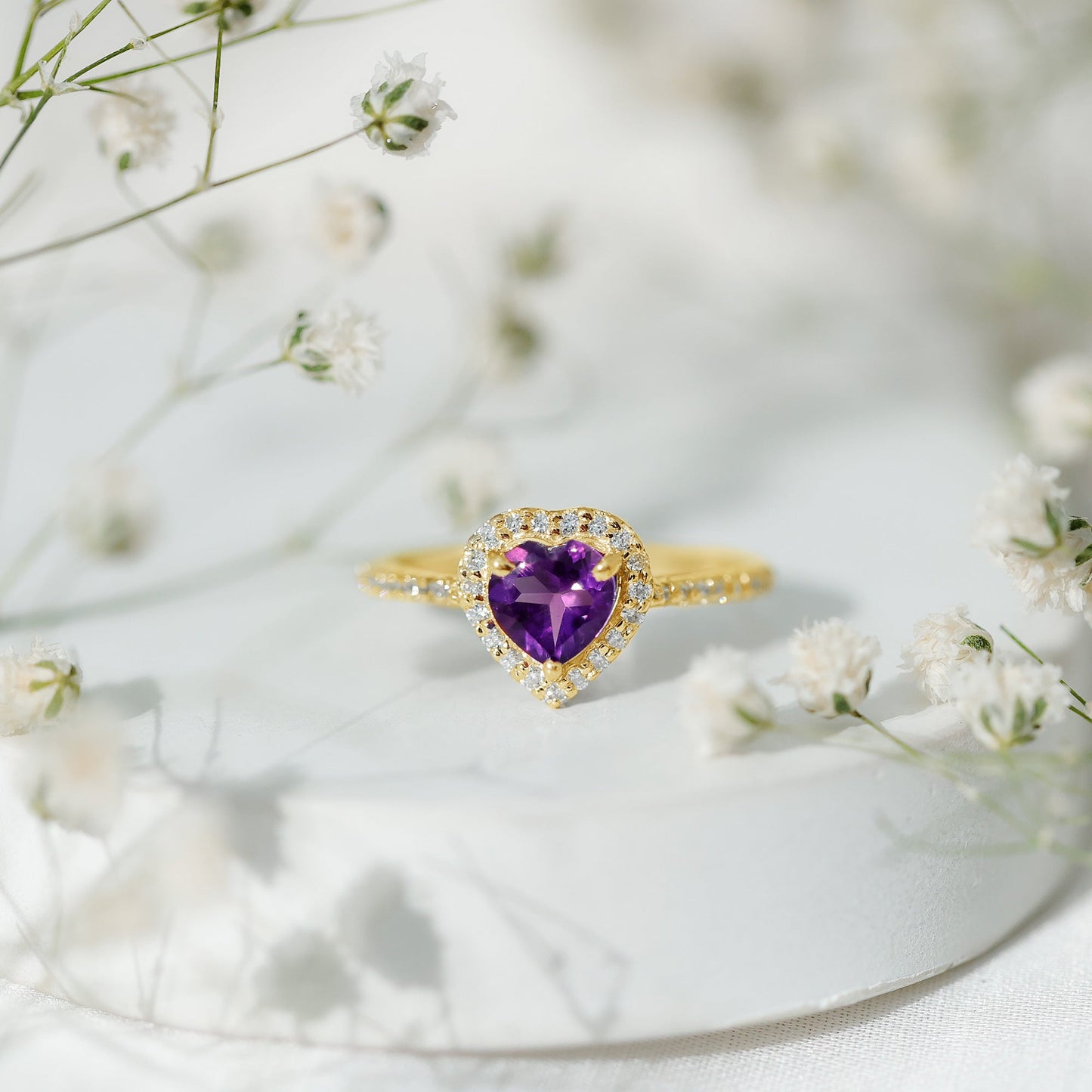 Natural 0.9 Carat Amethyst Heart Engagement Ring with Diamond Halo