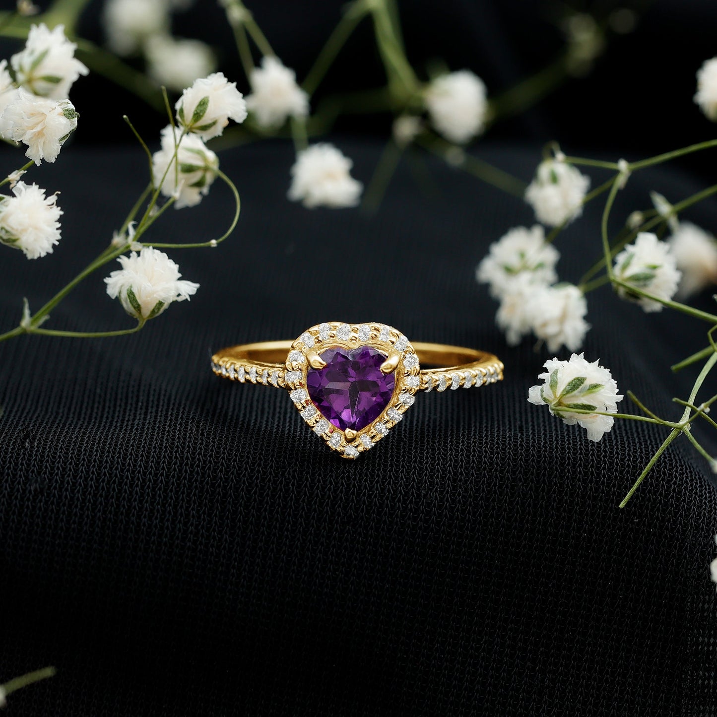Natural 0.9 Carat Amethyst Heart Engagement Ring with Diamond Halo