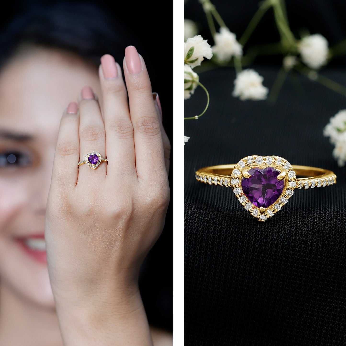 Natural 0.9 Carat Amethyst Heart Engagement Ring with Diamond Halo
