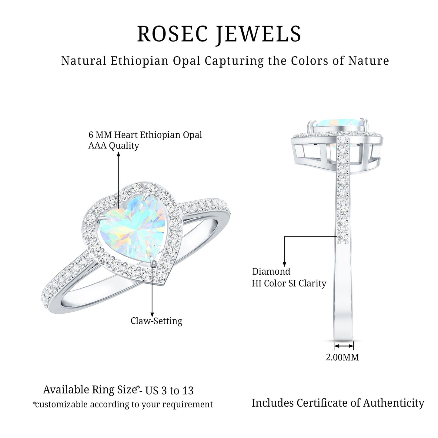 Natural Ethiopian Opal Heart Shaped Engagement Ring with Diamond Halo