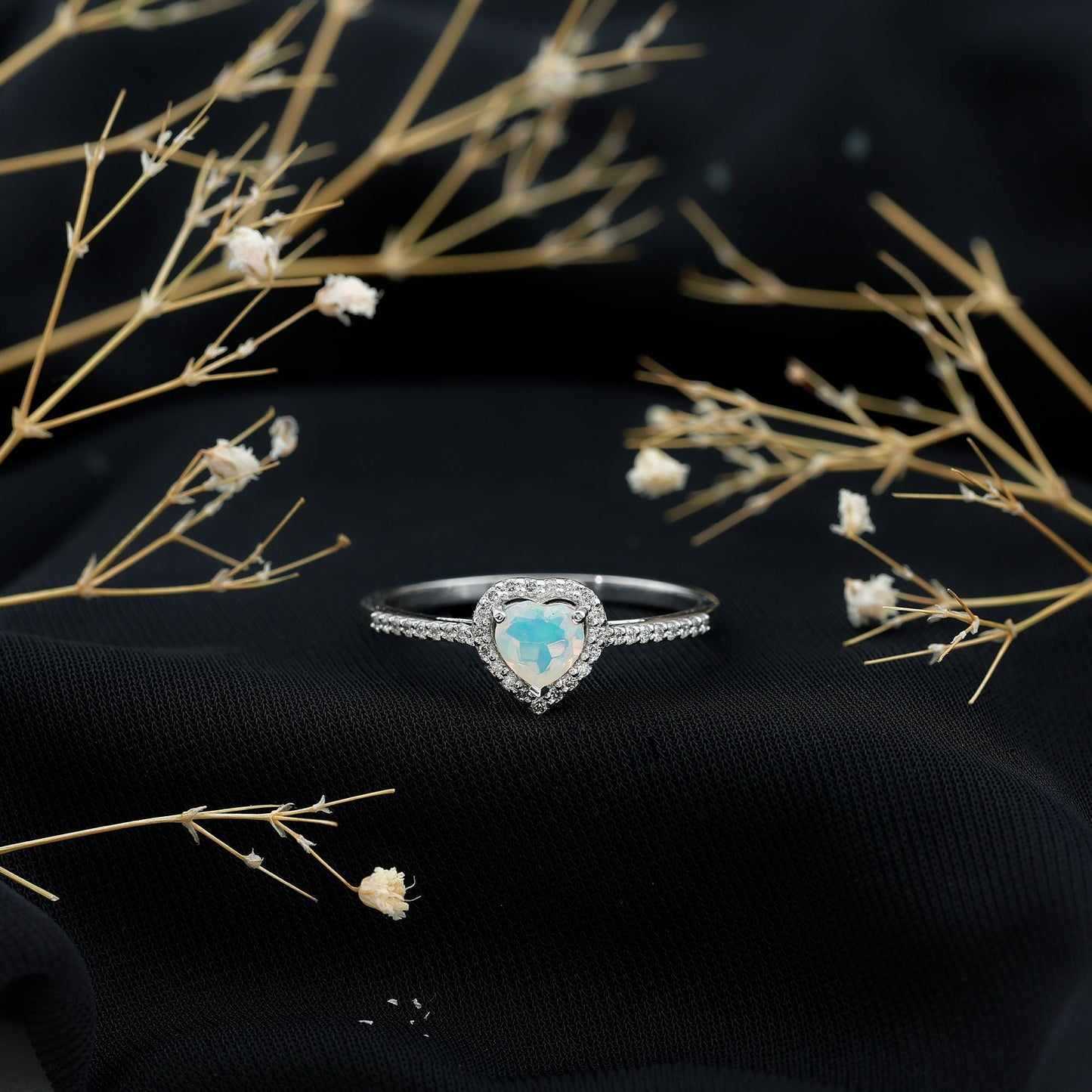 Natural Ethiopian Opal Heart Shaped Engagement Ring with Diamond Halo